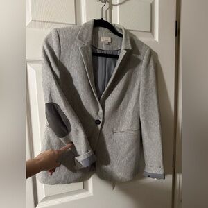 LOFT Gray Herringbone Blazer with Elbow Patches